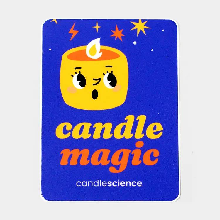 A cartoonish tealight candle with the words "candle magic" in bubbly, fun font on a purple background.