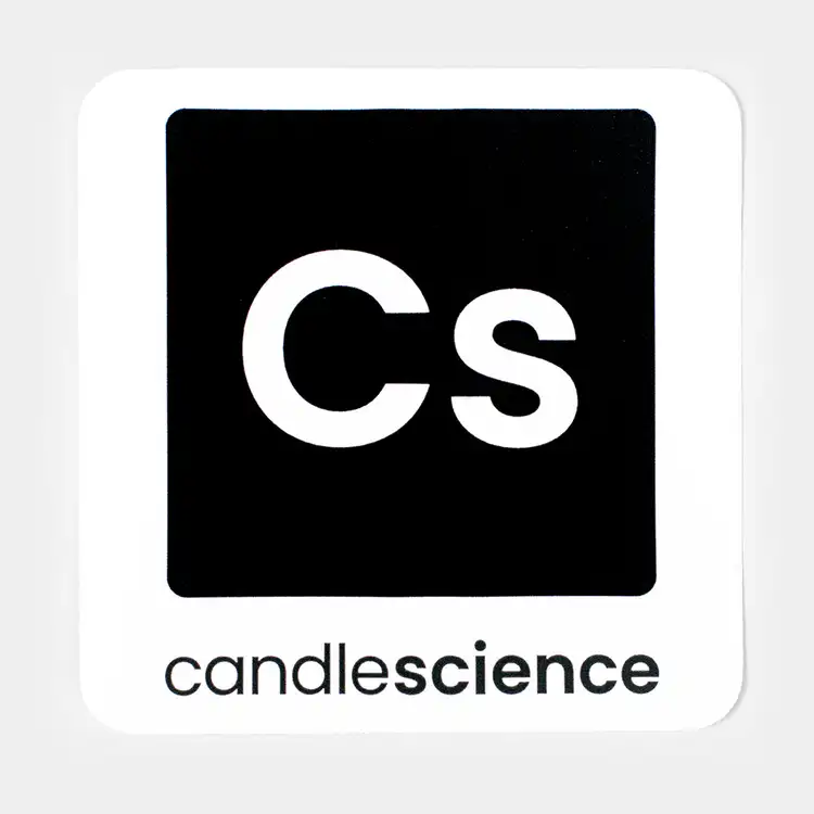 A black sticker with the CandleScience "CS" logo in a black box with "candlescience" printed underneath