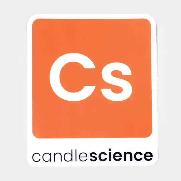 An orange CandleScience sticker with CS in an orange box and candlescience written underneath the box logo