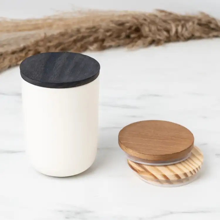 3" Black Pine Wooden Lid on White Dream Ceramic Tumbler beside Brown and Natural 3" Pine Wooden Lids