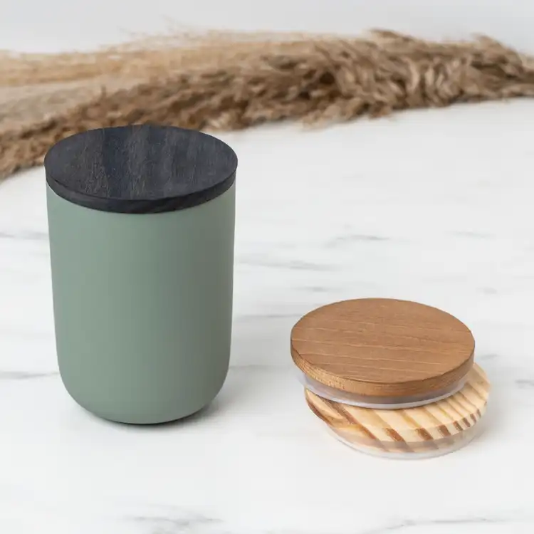 3" Black Pine Wooden Lid on Eucalyptus Dream Ceramic Tumbler beside Brown and Natural 3" Pine Wooden Lids