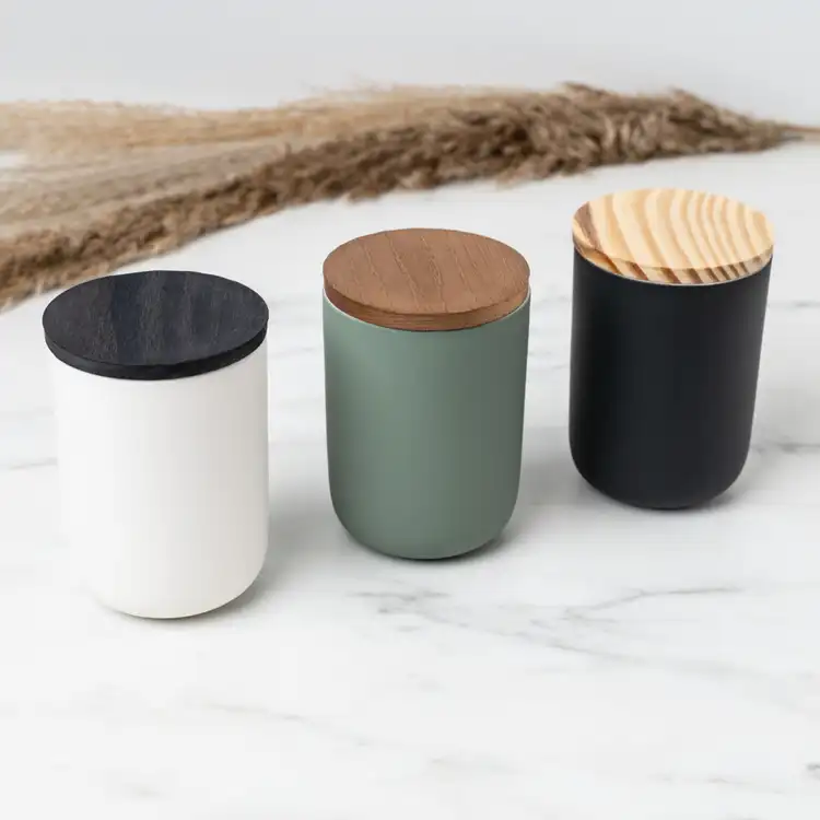 3" Pine Wooden Lids on White, Eucalyptus, and Black Dream Ceramic Tumblers