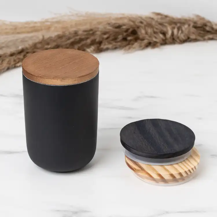 3" Brown Pine Wooden Lid on Black Dream Ceramic Tumbler beside Black and Natural 3" Pine Wooden Lids