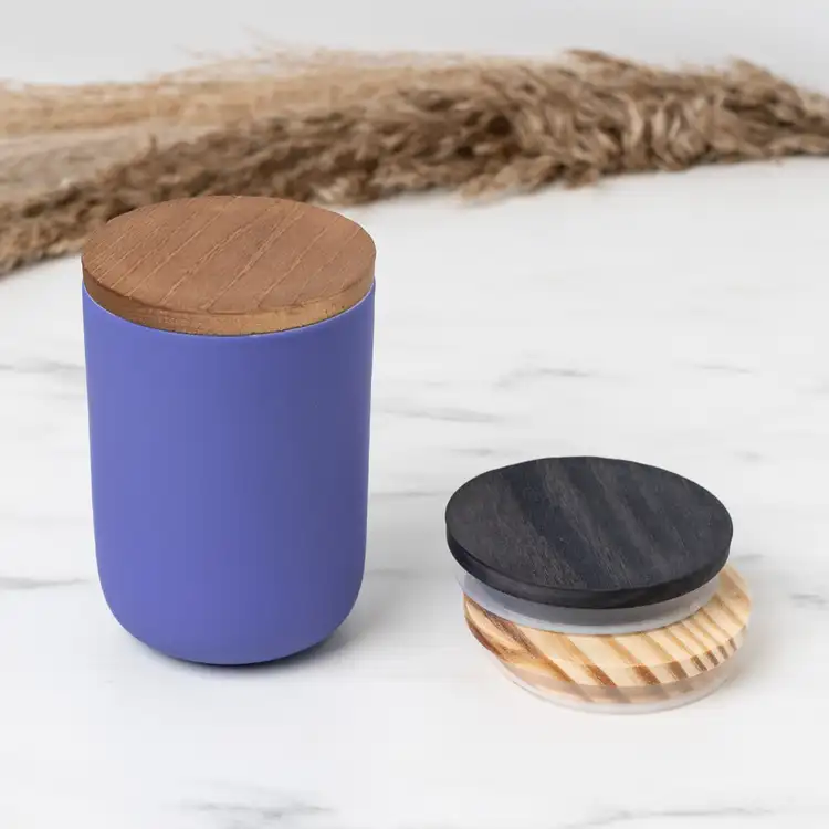 3" Brown Pine Wooden Lid on Blue Iris Dream Ceramic Tumbler beside Black and Natural 3" Pine Wooden Lids