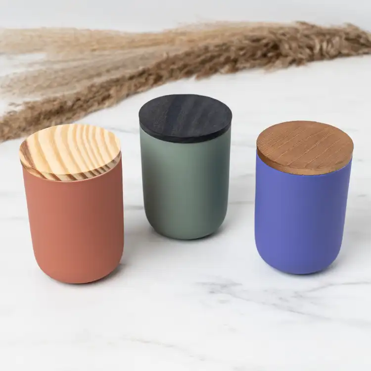 3" Pine Wooden Lids on Desert Coral, Eucalyptus, and Blue Iris Dream Ceramic Tumblers