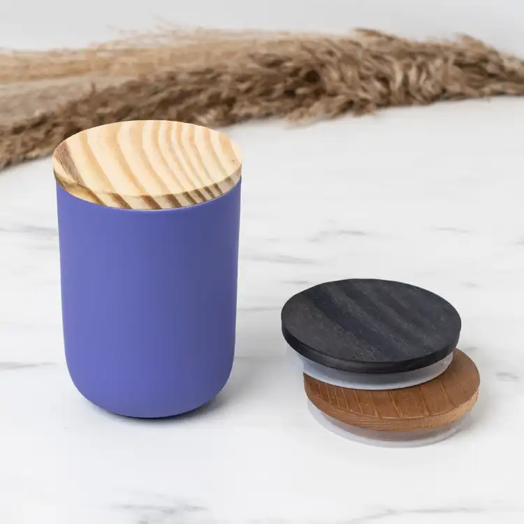 3" Natural Pine Wooden Lid on Blue Iris Dream Ceramic Tumbler beside Black and Brown 3" Pine Wooden Lids