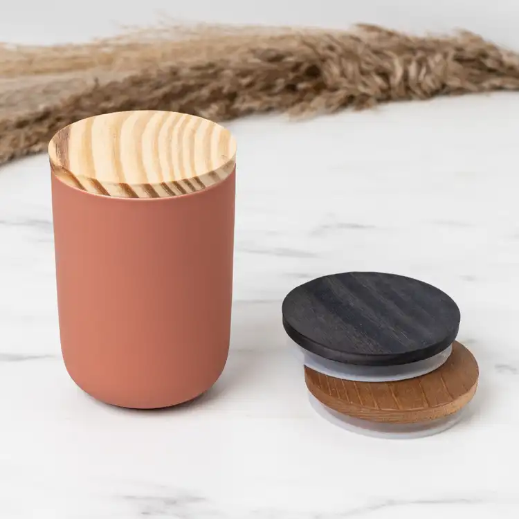 3" Natural Pine Wooden Lid on Desert Coral Dream Ceramic Tumbler beside Black and Brown 3" Pine Wooden Lids