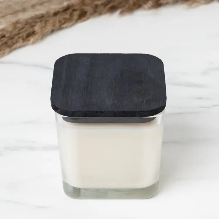 Black Square Pine Wooden Lid on 12 oz Cube Jar
