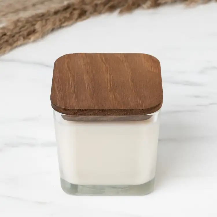 Brown Square Pine Wooden Lid on 12 oz Cube Jar