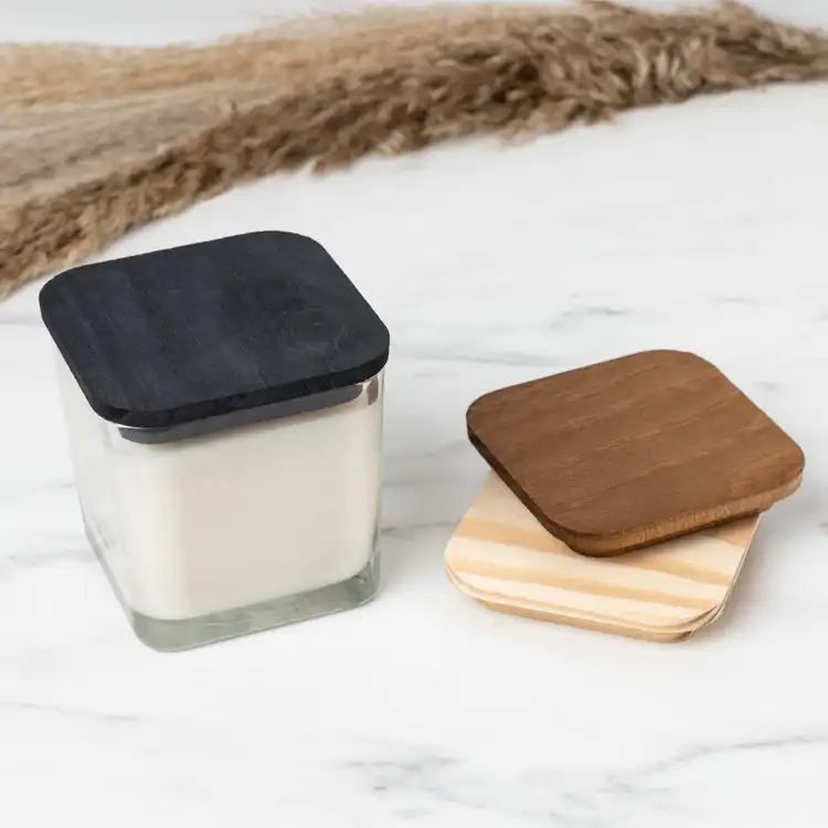 12 oz Cube Jar and Square Pine Wooden Lids in Black, Brown, and Natural