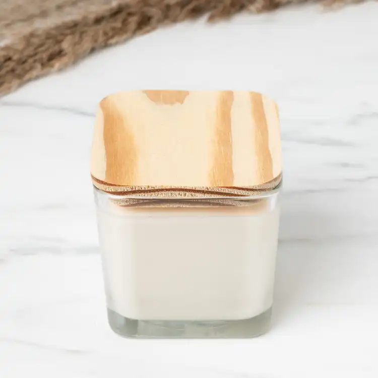 Natural Square Pine Wooden Lid on 12 oz Cube Jar