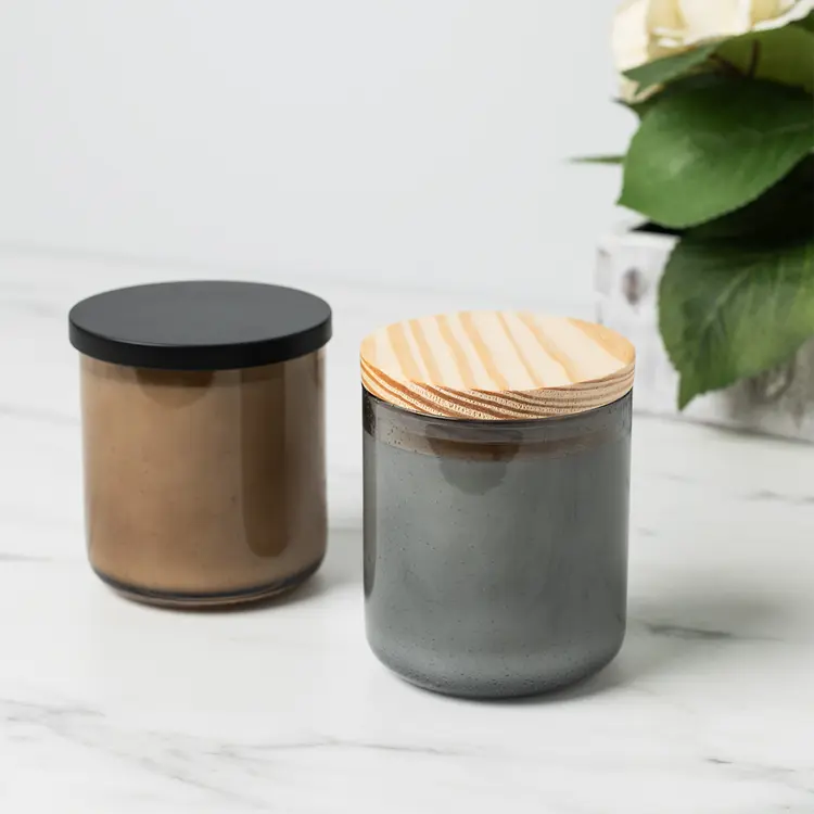 Sand Bubble Tumbler Jar candle with Black Metal Flat Lid and Stone Bubble Tumbler Jar candle with 3.25" Natural Pine Wooden Lid