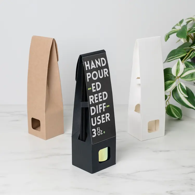 Retail Reed Diffuser Boxes (Small) with labeling, reed diffuser bottles, and diffuser reeds