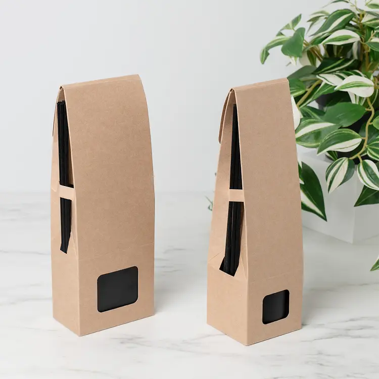 Kraft Retail Reed Diffuser Box (Large) and Kraft Retail Reed Diffuser Box (Small) with Matte Black Reed Diffuser Bottles and Black Fiber Diffuser Reeds