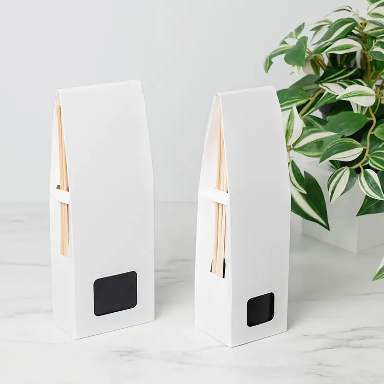 White Retail Reed Diffuser Box (Large) and White Retail Reed Diffuser Box (Small) with Matte Black Reed Diffuser Bottles and Natural Diffuser Reeds