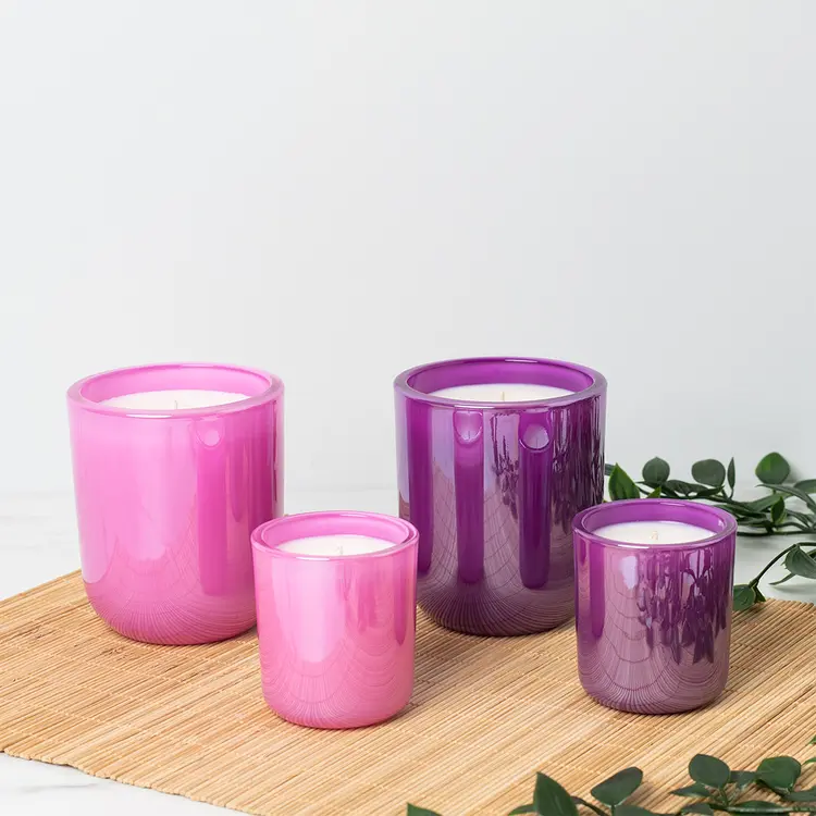 Bubblegum Luster, Electric Violet Luster, and mini variant Sonoma Tumbler Jar candles