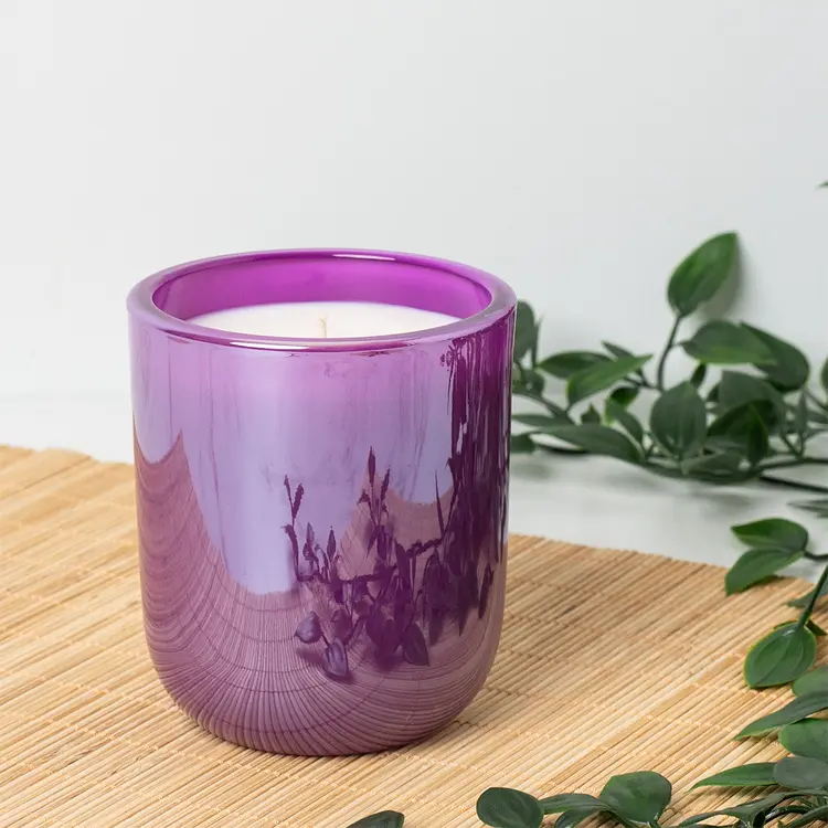 Electric Violet Luster Sonoma Tumbler Jar candle on wood surface