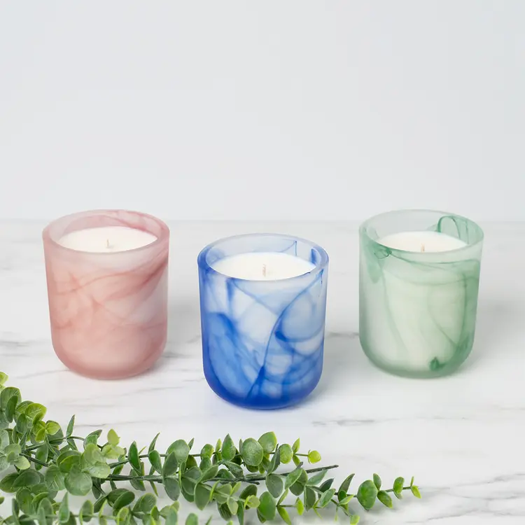 Frosted Swirl Sonoma Tumbler Jar candles in Pink, Blue, and Green