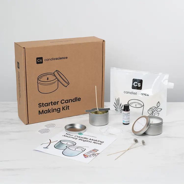 Candle Making Starter Kit box on display on a white marble table