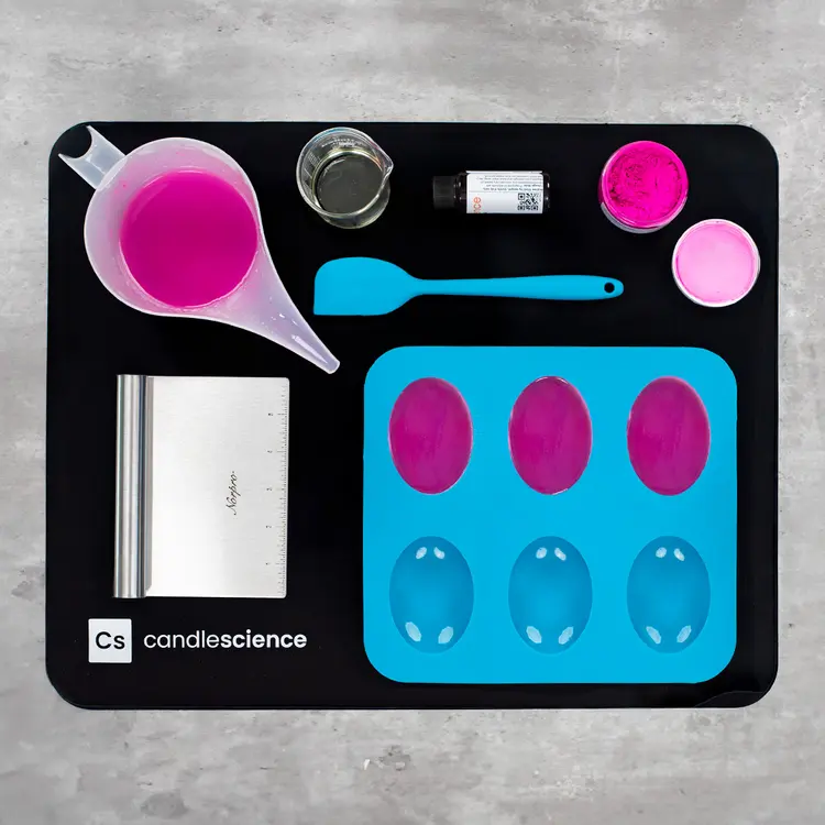 CandleScience Branded Silicone Work Mat with soap making equipment in use