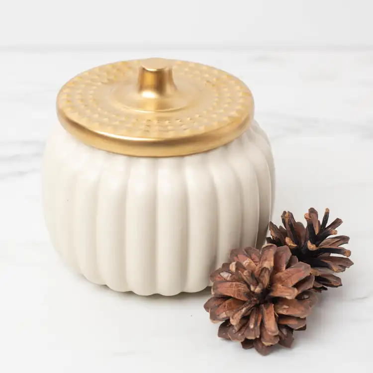 Harvest Ivory Ceramic Pumpkin Jar with Gold Matte Lid on a marble countertop with a pine cone