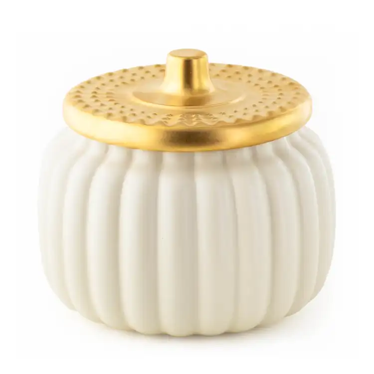 Harvest Ivory Ceramic Pumpkin Jar with Gold Matte Lid on a white background