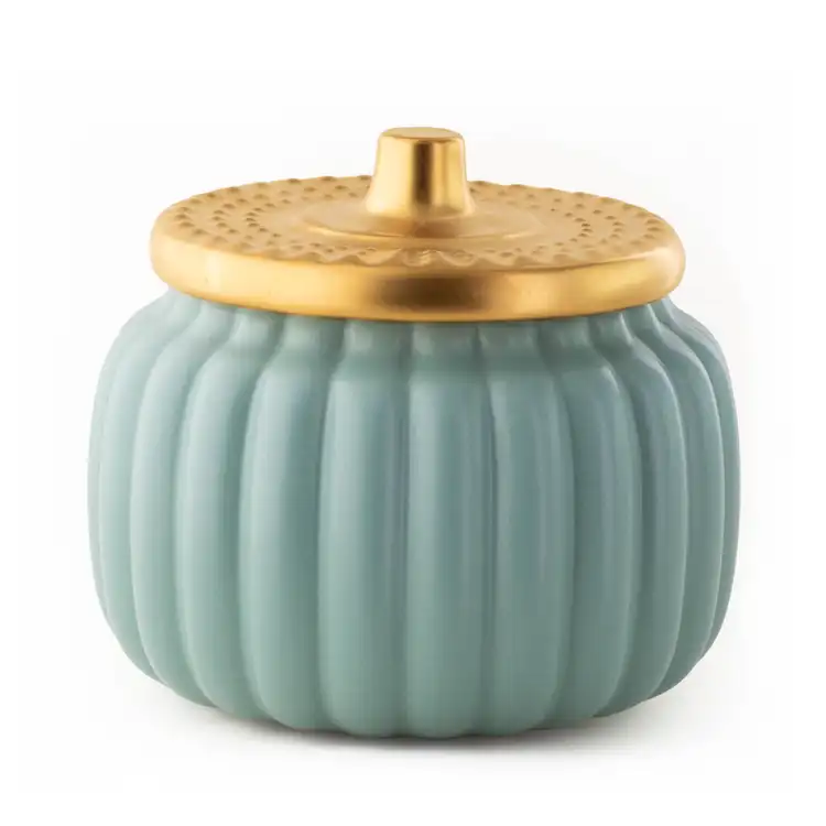 Harvest Teal Ceramic Pumpkin Jar with Gold Matte Lid on a white background