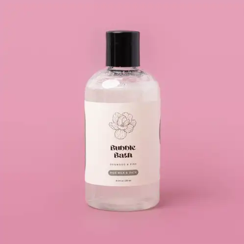 A finished bottle of Stephenson 3-in-1 Bubble Bath Base as a bubble bath base on a pink background