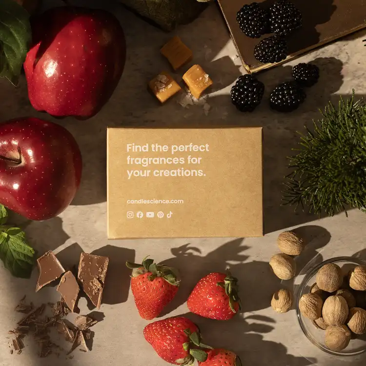 Gathered Season Fragrance Flight showing a variety of scent notes like apples, chocolate, pine, and nutmeg