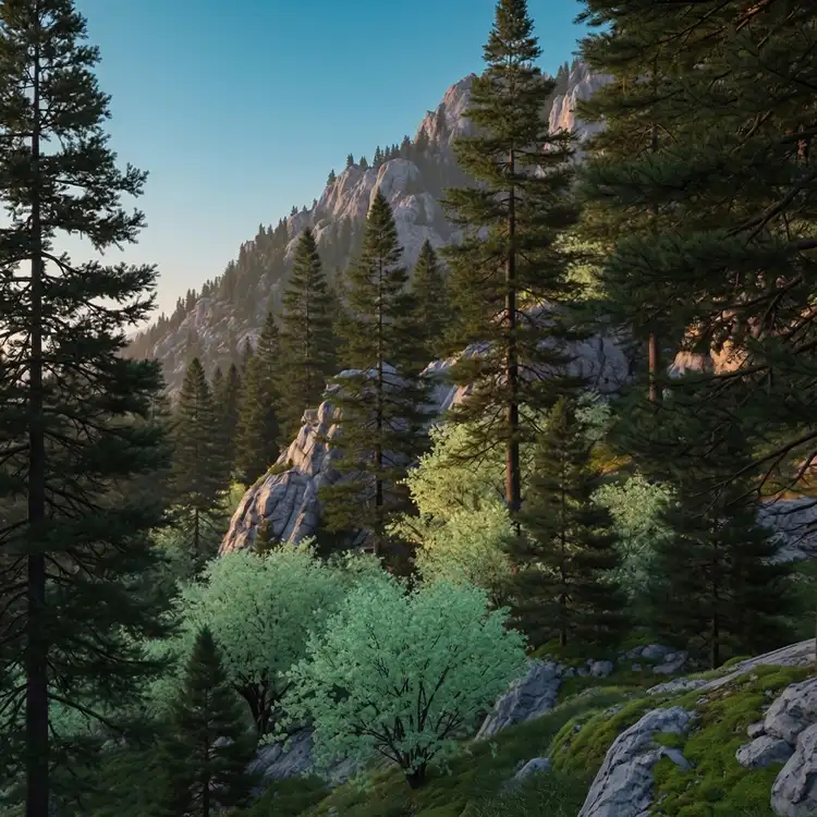 Serene Summit Fragrance Oil: A scenic mountainside covered in various pine, balsam, and other evergreen trees with a clear blue sky.