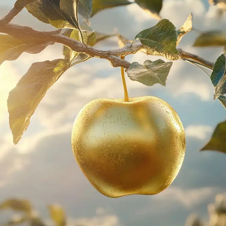 Gilded Apple Fragrance Oil: A golden apple hanging from an apple tree silhouetted in sunlight. 