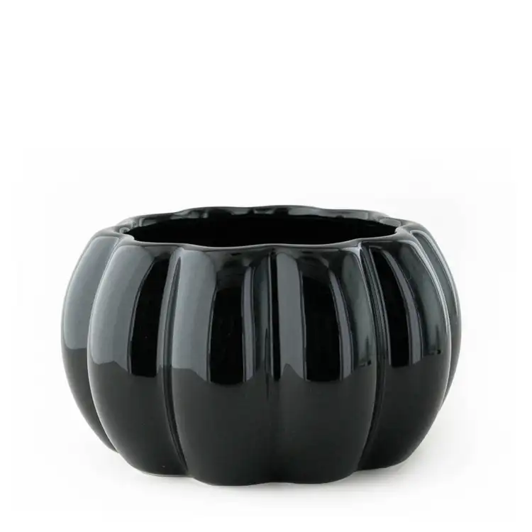 Black Ceramic Stemmed Pumpkin Jar with no lid on a white background
