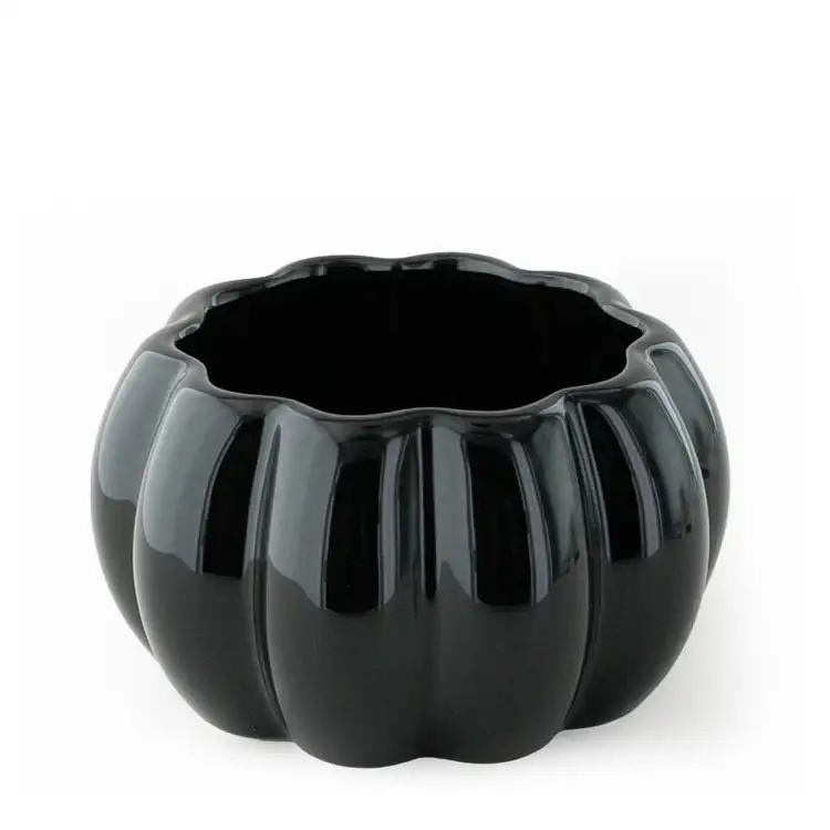 Black Ceramic Stemmed Pumpkin Jar with no lid on a white background