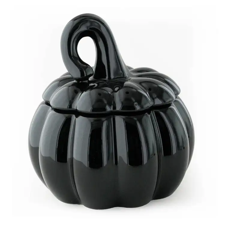 Black Ceramic Stemmed Pumpkin Jar with a lid on a white background
