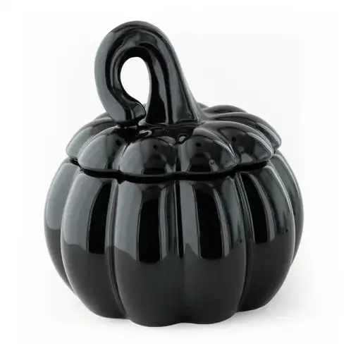 Black Ceramic Stemmed Pumpkin Jar with a lid on a white background