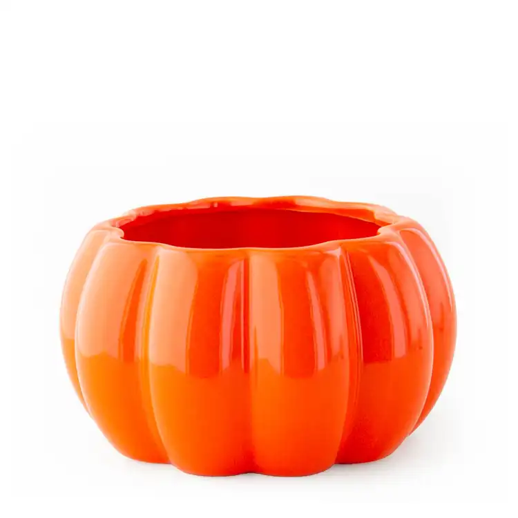 Orange Ceramic Stemmed Pumpkin Jar with no lid on a white background