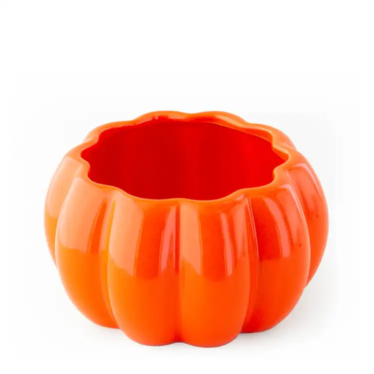 Orange Ceramic Stemmed Pumpkin Jar with no lid on a white background
