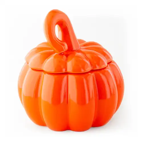 Orange Ceramic Stemmed Pumpkin Jar with lid on a white background