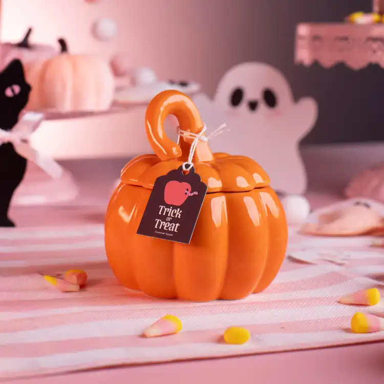 Orange Ceramic Stemmed Pumpkin Jar with a black hang tag
