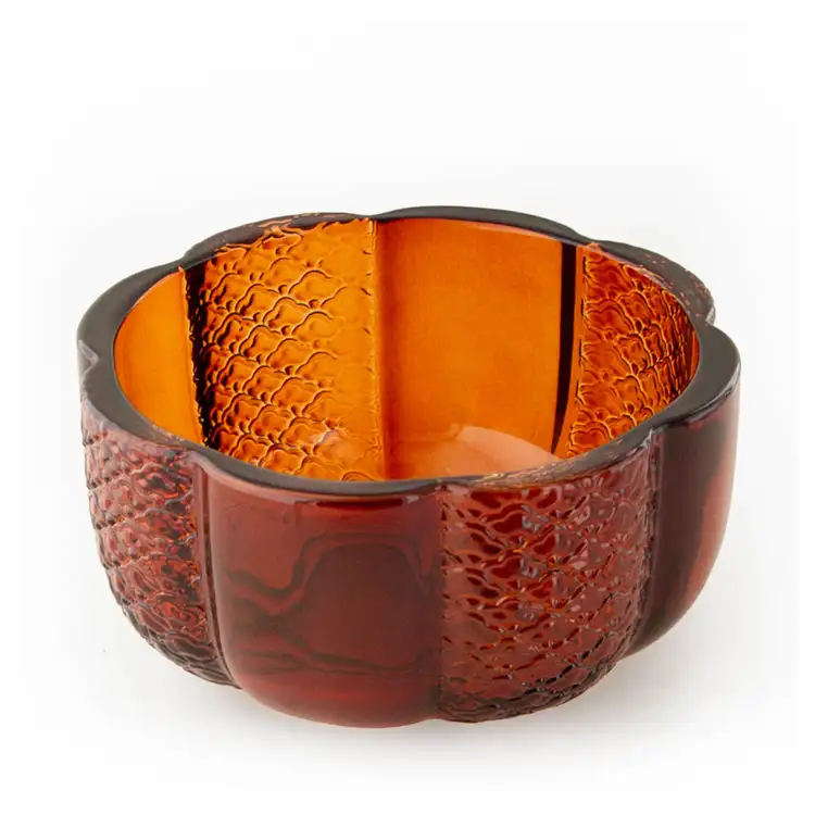 Amber Heirloom Glass Pumpkin Jar angled top down on white
