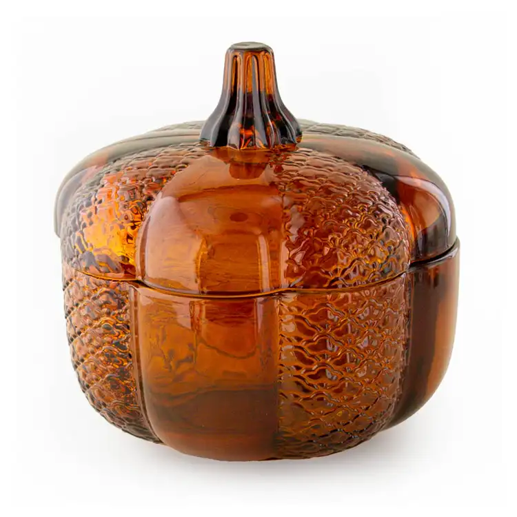 Amber Heirloom Glass Pumpkin Jar on white with lid