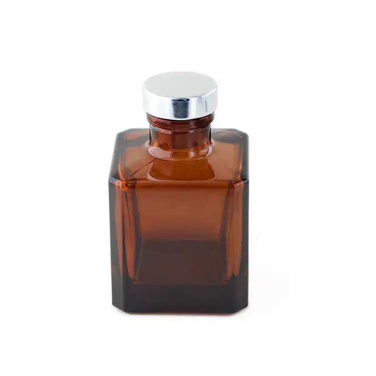 Amber Cube Reed Diffuser Bottle on a white background with a silver stopper