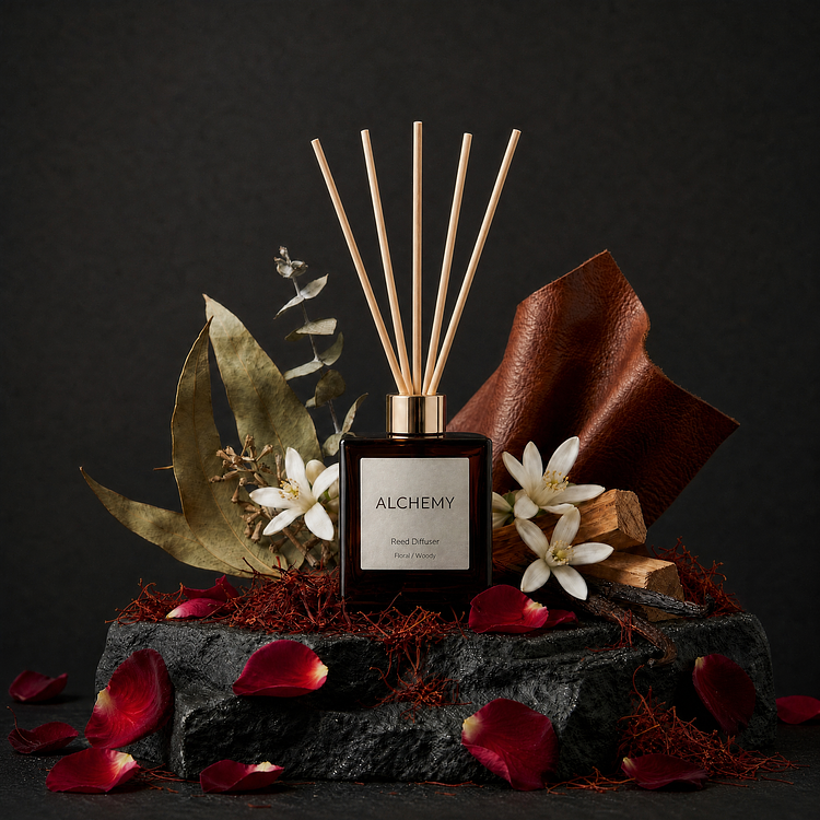 A matte black glass bottle of Alchemy Reed Diffuser with a gold diffuser collar and natural rattan reed sticks, displayed on a textured black stone slab styled with dark red rose petals, white blossoms, saffron threads, dried leaves, vanilla, wood sticks, and brown leather.