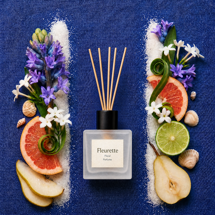 A square frosted glass Fleurette bottle with diffuser reeds, centered on a blue background and framed symmetrically by two vertical stripes of white sand, fresh pear slices, pink grapefruit Wedges, lime wheels, purple hyacinths, small white blossoms, and scattered seashells.