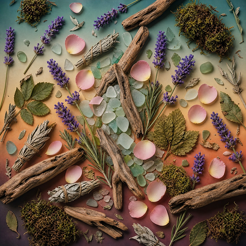 A flat lay arrangement of raw fragrance ingredients over a teal, orange, and purple gradient background, featuring smooth pieces of translucent sea glass, rustic driftwood branches, lavender stems, pink rose petals, sage bundles, and green clumps of moss.