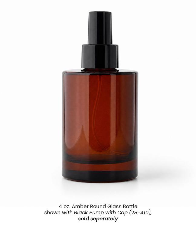 Black Pump (28-410) on a 4 oz Amber Round Glass Bottle