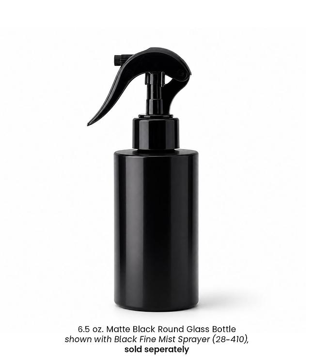 Black Fine Mist Sprayer (28mm-410) attached to a 6.5 oz black glass round bottle on a white background