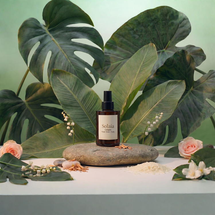 An amber glass bottle of Solaia Cologne with a black pump spray top, displayed on a flat river stone surrounded by green tropical leaves, lily of the valley, pink roses, and jasmine.