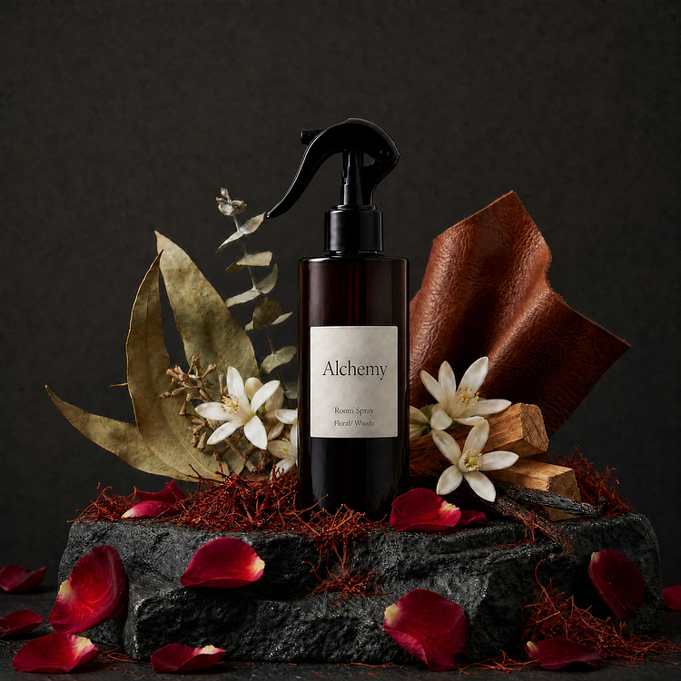 A matte black glass bottle of Alchemy Room Spray with a black trigger spray top, displayed on a textured black stone slab styled with dark red rose petals, white blossoms, saffron threads, dried leaves, vanilla, wood sticks, and brown leather.