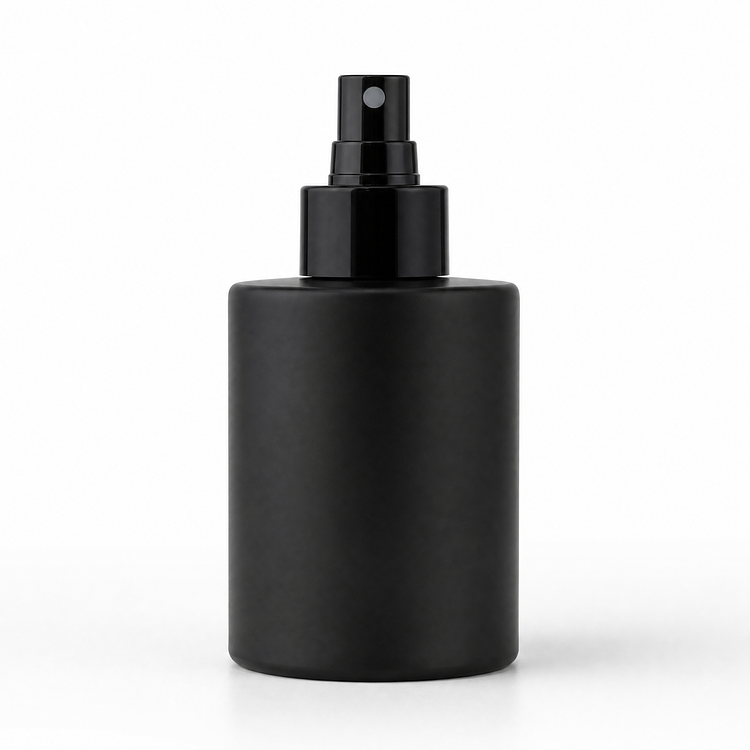 4 oz. Frosted Round Glass Bottle a Black Pump no cap on a white background